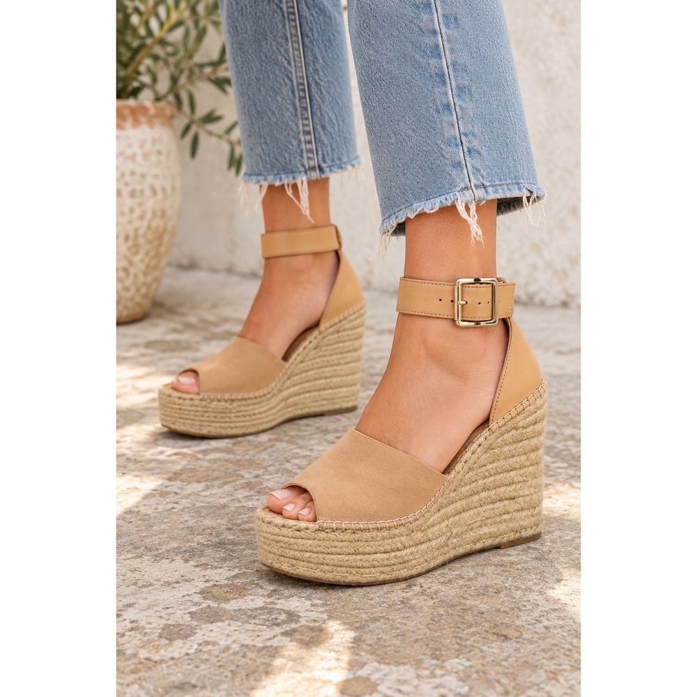 GB Gianni Bini Tan Leather Espadrille Wedge Ankle Strap Sandals 10W Wide Width